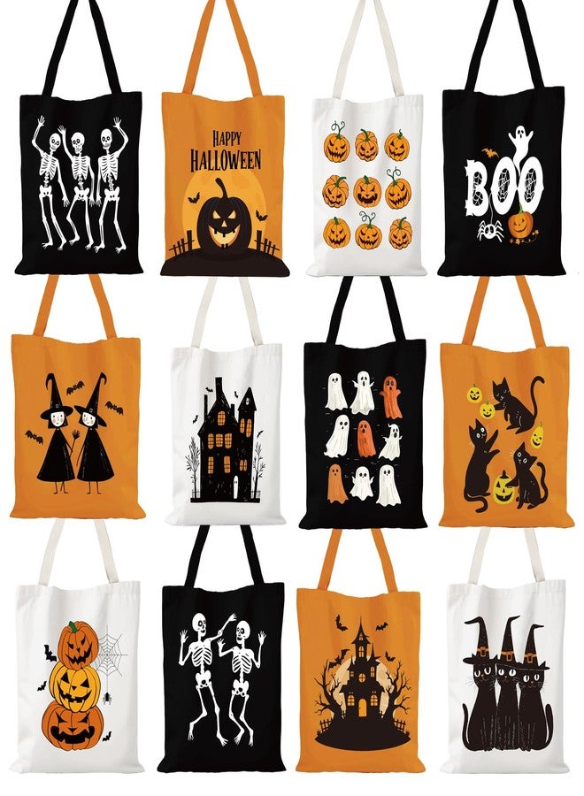 Yeyeplum 12 Pcs Large Halloween Canvas Tote Bags Bulk 15.75" Reusable Trick or Treat Goodie Candy Bags Pumpkin Boo Ghosts Black Cat Skull Castle Grocery Shopping Tote Gift for Halloween Party Supplies - Image 1